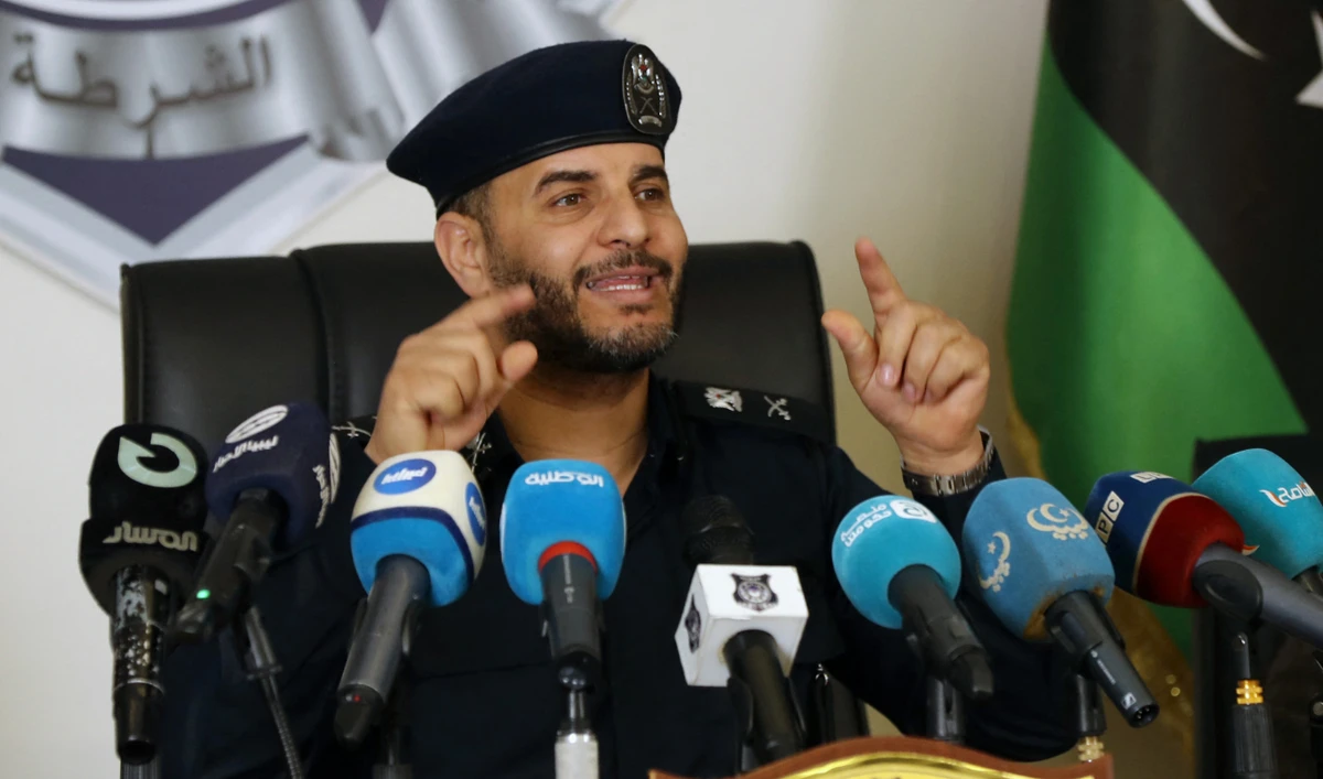 The Minister of the Interior of the Libyan National Unity Government Imed Trabelsi, speaks at a press conference in Tripoli on February 21, 2024. (AFP)