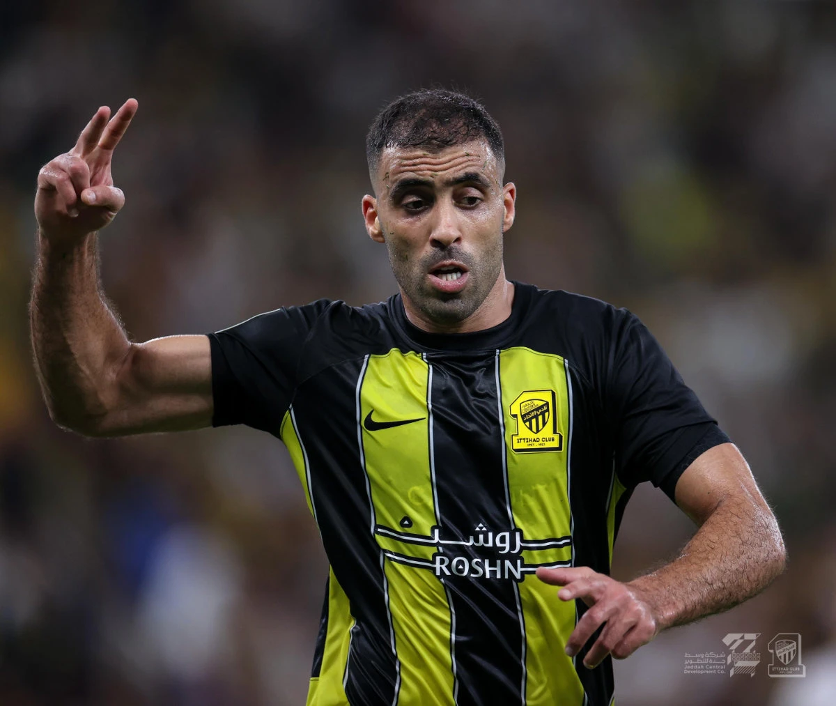 Al-Ittihad striker Abderrazak Hamdallah celebrates after scoring the team's first goal against Navbahor of Uzbekistan on Thursday. (X: @ittihad_en)