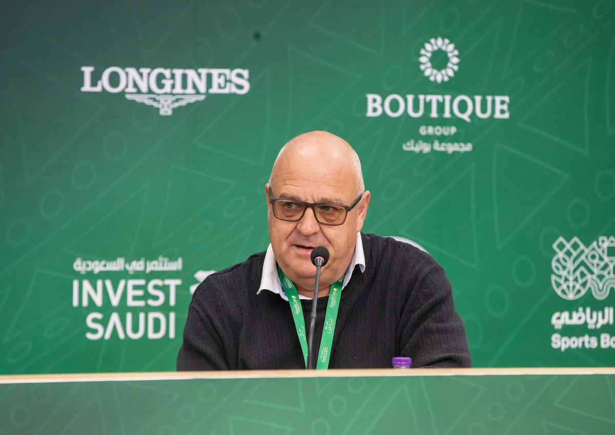 Richard Fahey apeaking at the King Abdulaziz Racecourse in Riyadh (Neville Hopwood/JCSA)