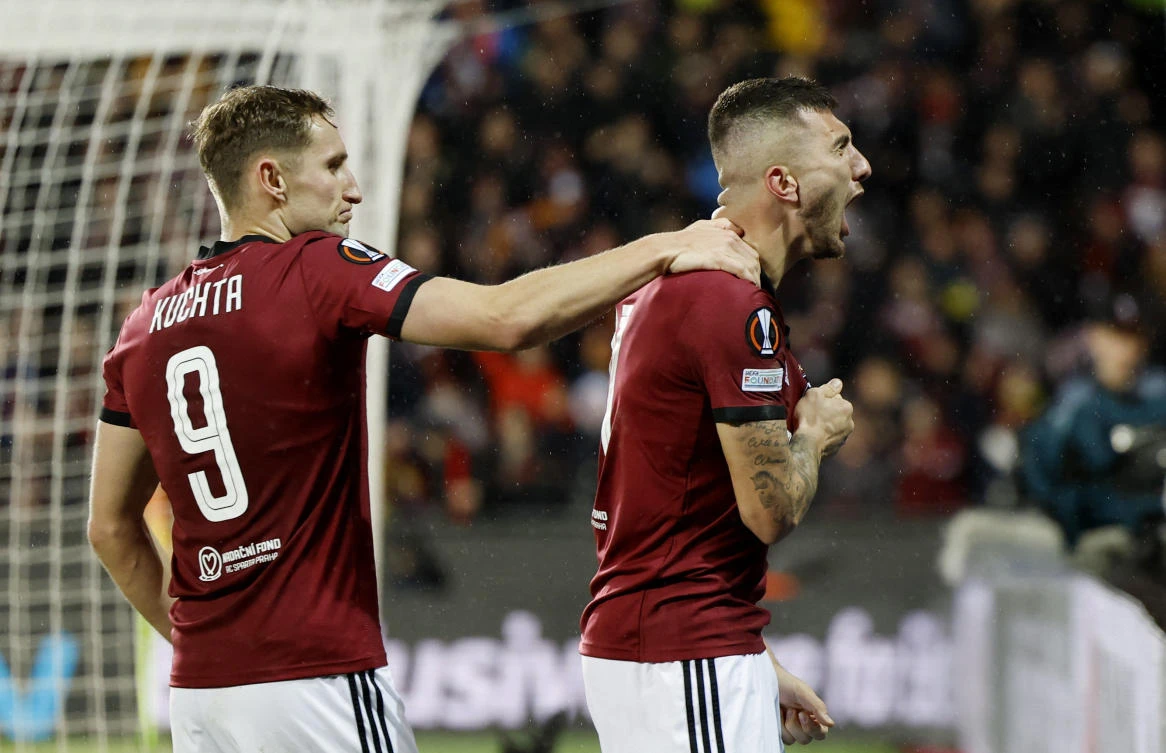 Sparta Prague’s Indrit Tuci celebrates scoring their second goal with Jan Kuchta during their Europa League — Play-Off — Second Leg match against Galatasaray ar epet ARENA, Prague, on Feb. 22, 2024. (Reuters)