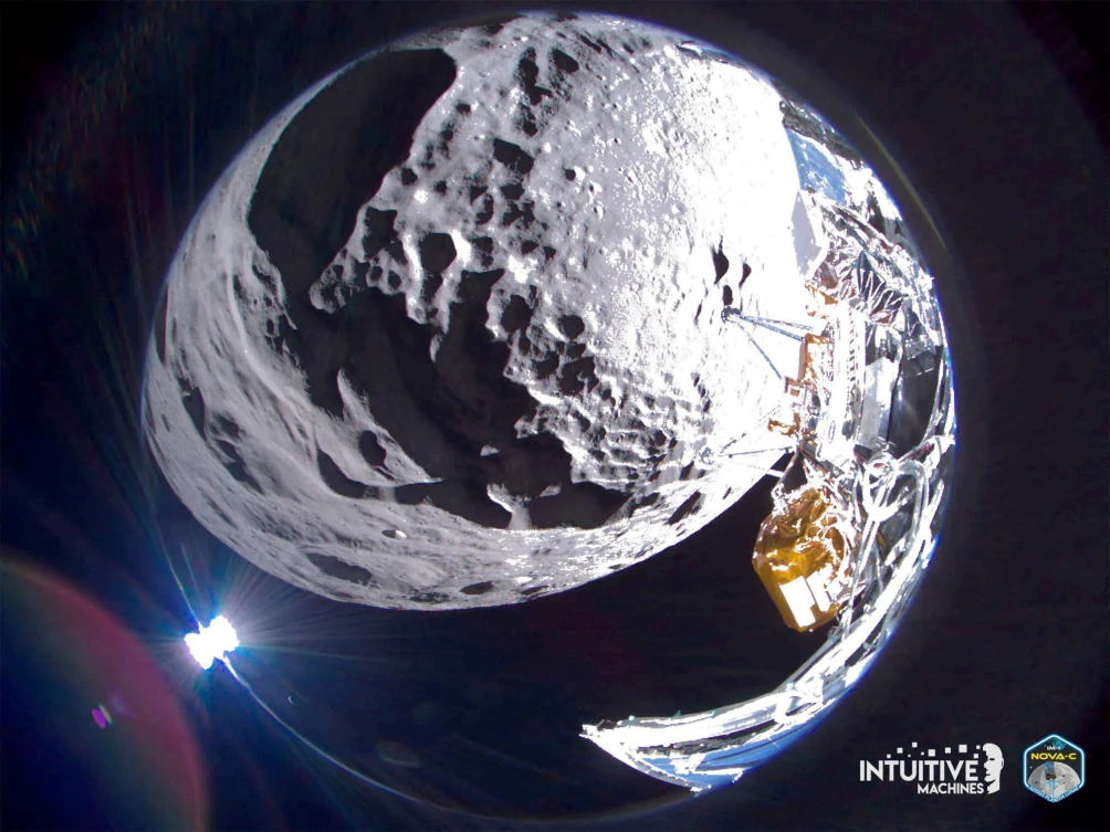Intuitive Machines’ Odysseus lunar lander captures a wide field of view image of Schomberger crater on the Moon, in this handout picture released Feb. 23, 2024. (Reuters)