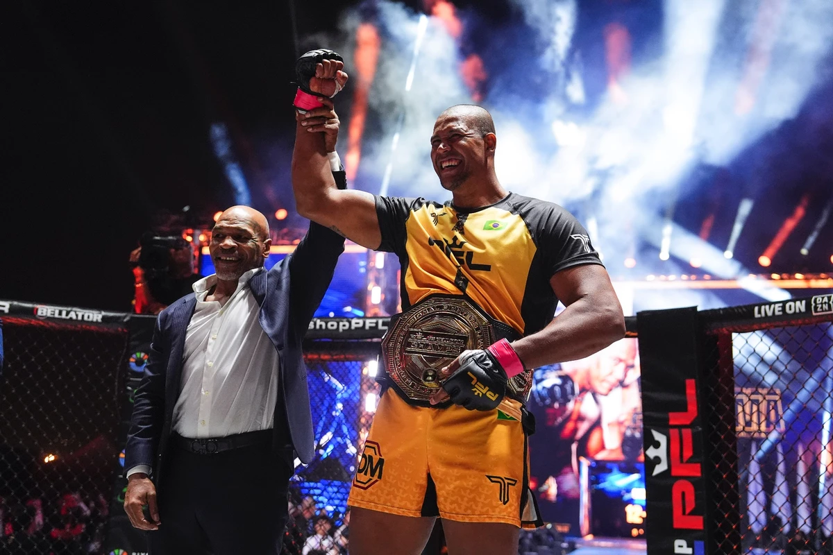 Renan Ferreira celebrates beating Ryan Bader at Kingdom Arena in Riyadh on Saturday night. (Supplied)