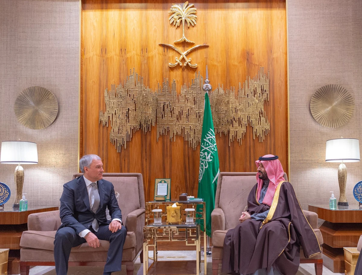 Saudi Arabia’s Crown Prince Mohammed bin Salman receives the Chairman of Russia’s State Duma Vyacheslav Volodin in Riyadh on Monday. (SPA)