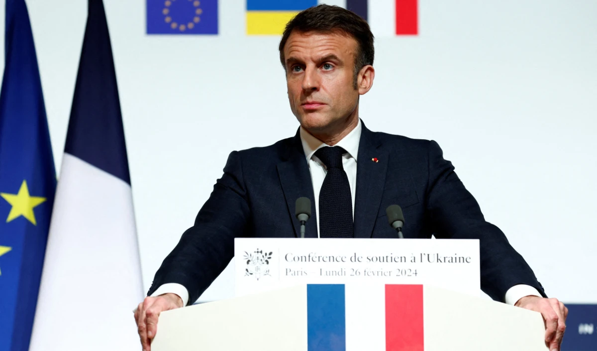 French President Emmanuel Macron speaks during a press conference at the end of the international conference aimed at strengthening Western support for Ukraine, at the Elysee presidential palace in Paris, on February 26, 2024. (AFP)