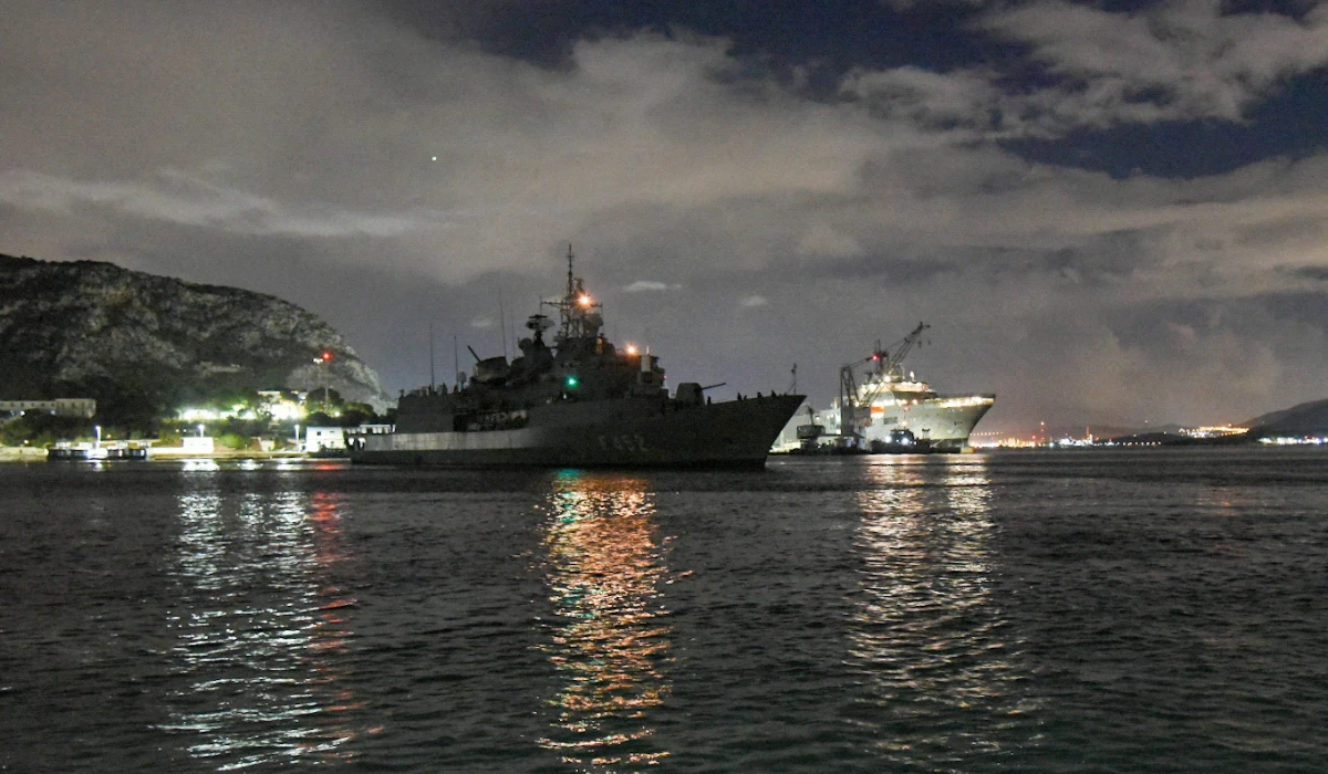 The Greek frigate 'Hydra' sails to take part in the EU naval mission in the Red Sea, at Salamina naval base, Greece, February 26, 2024. (REUTERS)