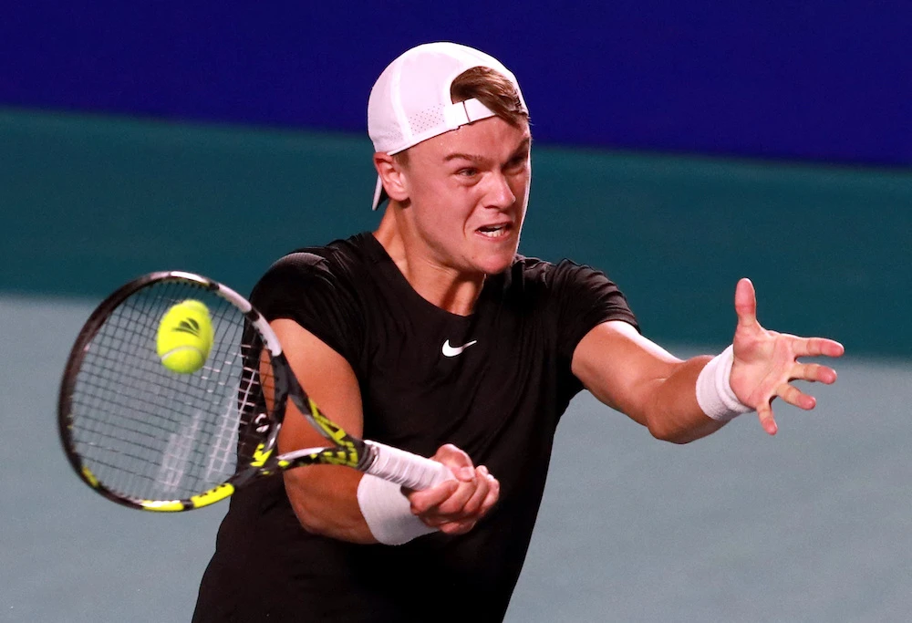 Denmark’s Holger Rune in action during his round of 32 match against Michael Mmoh of the US in the Mexican Open at Arena GNP Seguros, Acapulco, Mexico on Feb. 27, 2024. (Reuters)