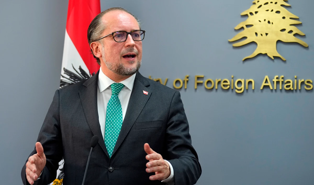 Austrian Foreign Minister Alexander Schallenberg, speaks to journalists during a joint press conference with his Lebanese counterpart Abdallah Bouhabib in Beirut, Lebanon, Thursday, Feb. 29, 2024. (AP)