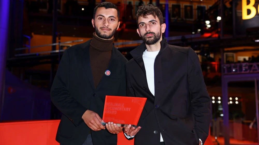 Basel Adra, left, and Yuval Abraham won the Berlinale Documentary Award 2024 for No Other Land. (Getty Images)