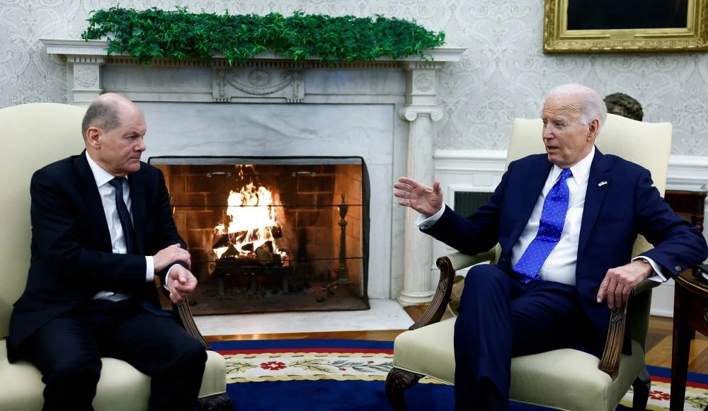 Olaf Scholz and Joe Biden meet in the Oval Office of the White House, Washington, D.C., Feb. 9, 2024. (Reuters)