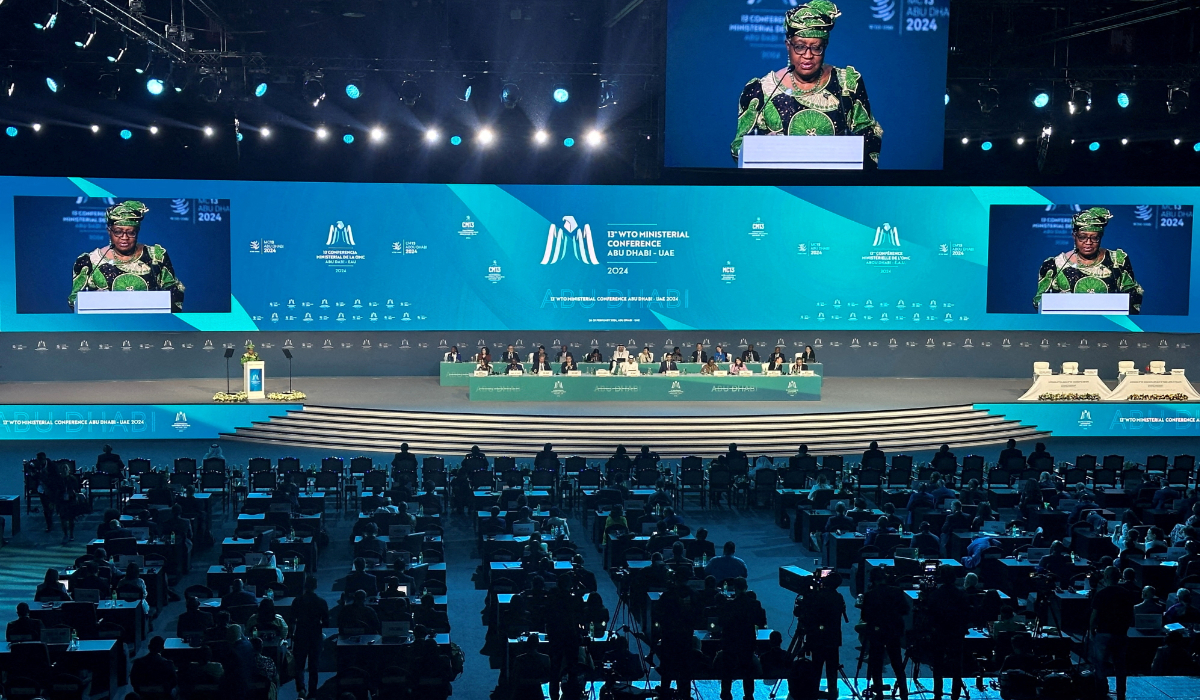 WTO’s Ngozi Okonjo-Iweala speaks during the opening ceremony of the WTO ministerial meeting in Abu Dhabi. (REUTERS)