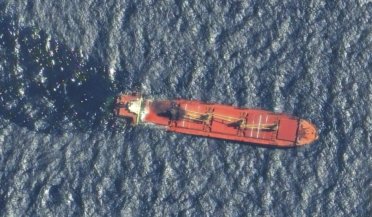 This satellite image taken by Maxar Technologies shows the Belize-flagged ship Rubymar in the Red Sea on Friday, March 1, 2024. (AP)