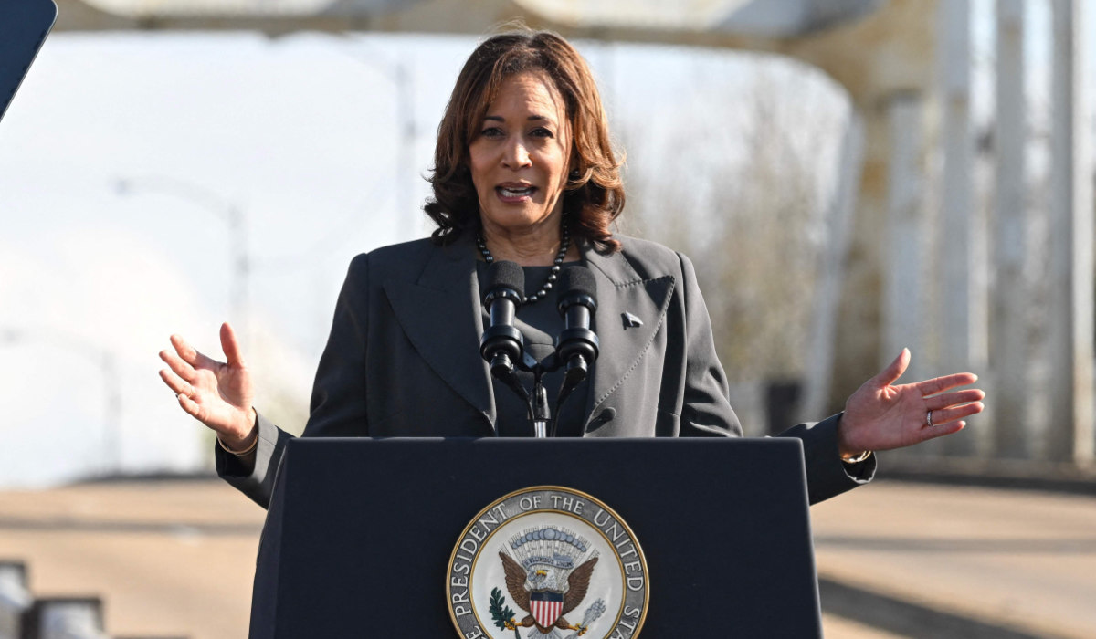 US Vice President Kamala Harris speaks at the Edmund Pettus Bridge during an event to commemorate the 59th anniversary of "Bloody Sunday" in Selma, Alabama, on March 3, 2024. (AFP)