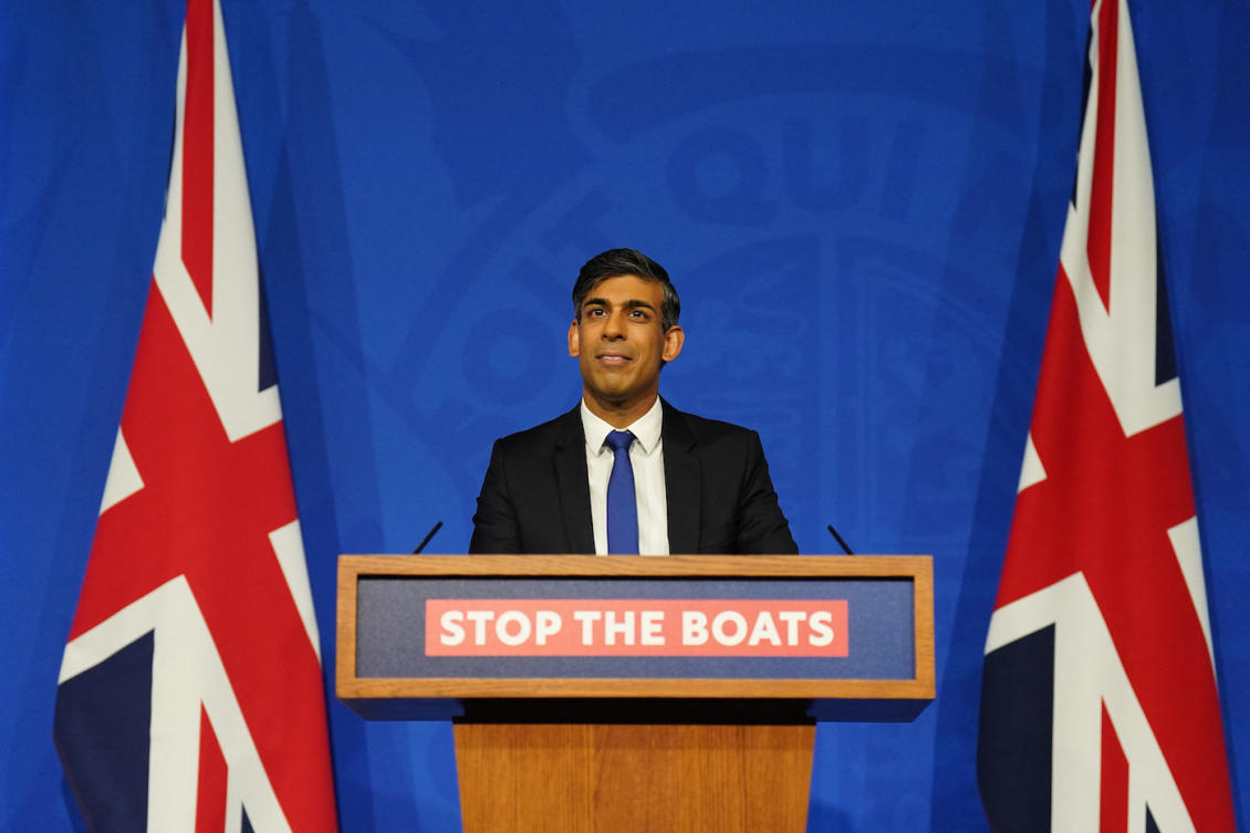 Britain’s Prime Minister Rishi Sunak hosts a press conference inside the Downing Street Briefing Room, in central London. (File/AFP)