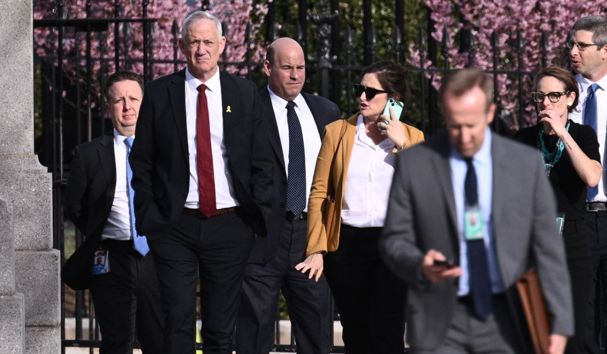 Israeli war cabinet member Benny Gantz (L) departs the White House after meeting with US Vice President Kamala Harris on March 4, 2024 in Washington, DC. (AP)