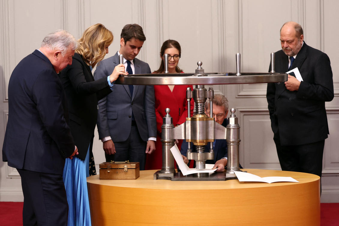 France’s Prime Minister Gabriel Attal, National Assembly president Yael Braun-Pivet, Senate president Gerard Larcher, France's Deputy Minister for Gender Equality Aurore Berge and France’s Minister for Justice Eric Dupond-Moretti attend the “seal of congress” ceremony . (Reuters)