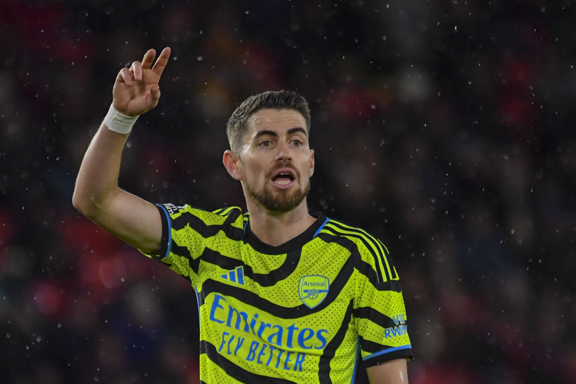 Arsenal’s Jorginho reacts during their English Premier League match against Sheffield United at the Bramall Lane stadium in Sheffield, on Mar. 4, 2024. (AP)