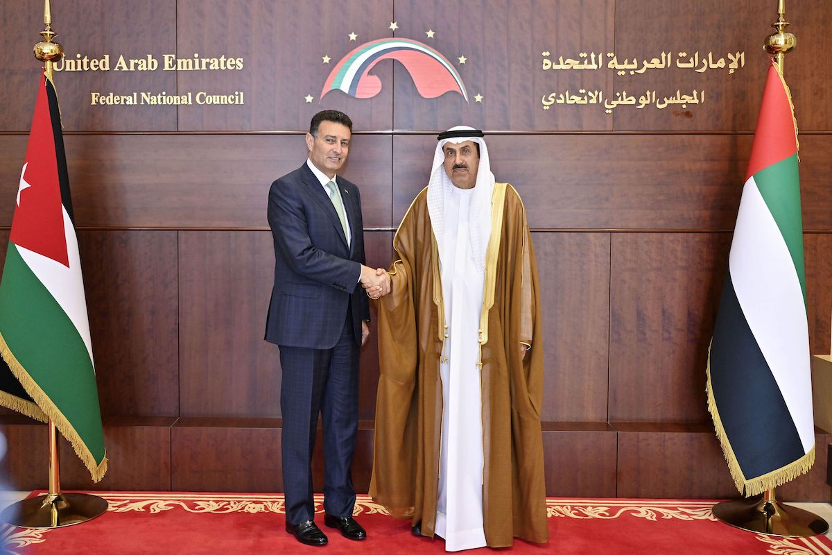 Saqr Ghobash, speaker of the UAE Federal National Council and Ahmed Safadi, the speaker of Jordan’s House of Representatives. (WAM)