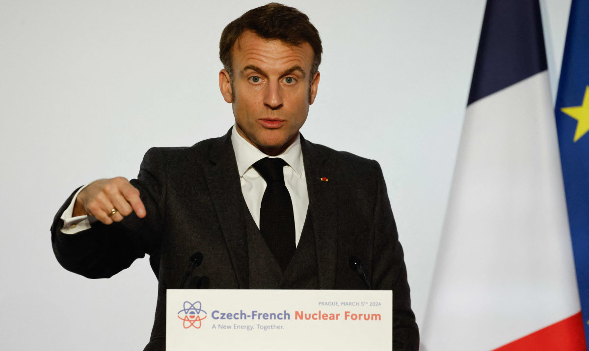 French President Emmanuel Macron delivers a speech at the Czech-French Nuclear Forum in Prague, on March 5, 2024. (AFP)