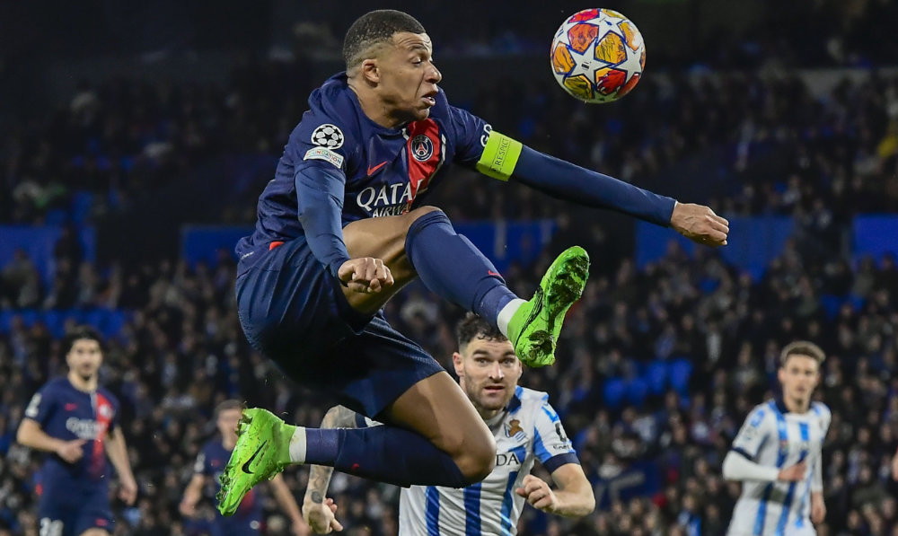 PSG's Kylian Mbappe kicks the ball during the Champions League round of 16 second leg soccer match between Real Sociedad and Paris Saint-Germain, at the Reala Arena stadium in San Sebastian, Spain, Tuesday, March 5, 2024. (AP)
