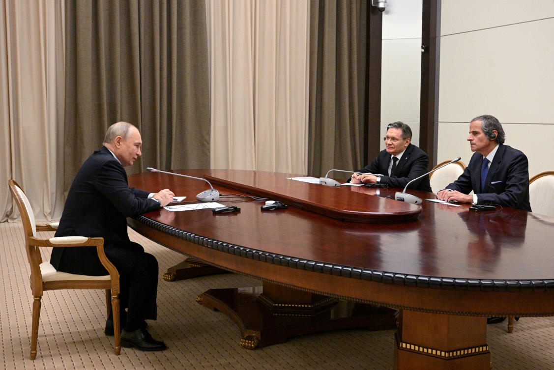 Russian President Vladimir Putin attends a meeting with Director General of the IAEA Rafael Grossi and Director General of Rosatom Alexey Likhachev in Sochi, Russia, March 6, 2024. (Sputnik via Reuters)