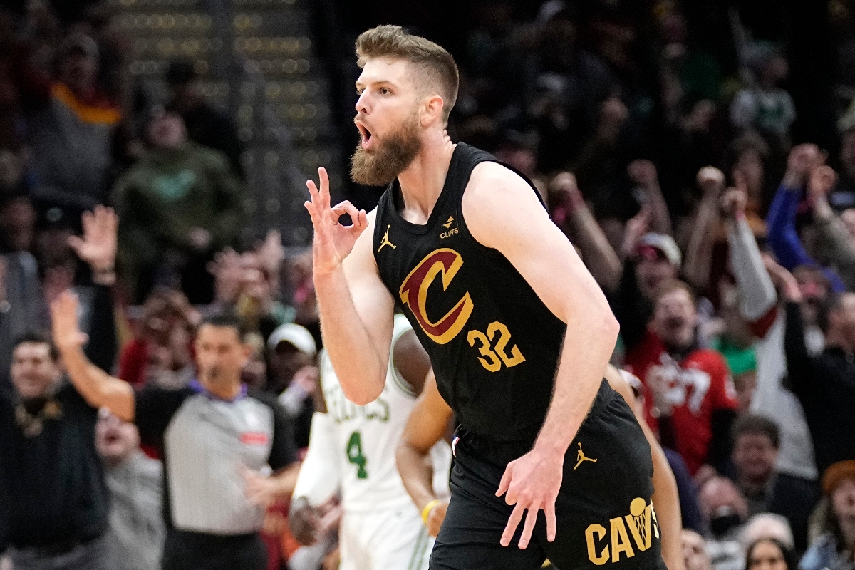Cleveland Cavaliers forward Dean Wade celebrates a three point basket in the second half of an NBA basketball game against the Boston Celtics Tuesday in Cleveland. Cavaliers won 105-104. (AP)