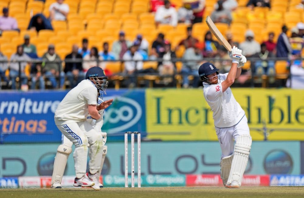 England’s Jonny Bairstow bats on the first day of the fifth and final test match between England and India in Dharamshala, India, Thursday, Mar. 7, 2024. (AP Photo)