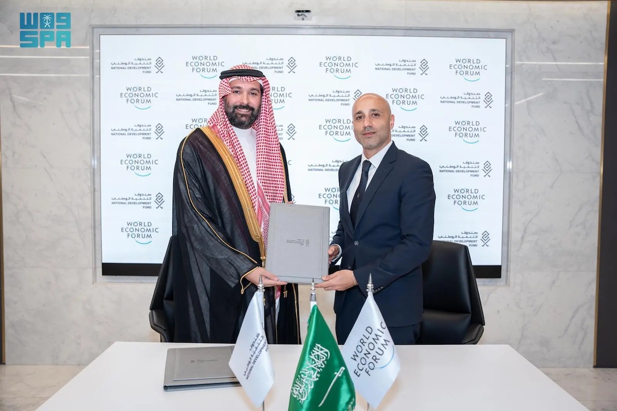 NDF’s Chief of Staff Khalid bin Ibrahim Shareef, and the WEF’s Head of Global Partner Development and Regional Business Strategy Alexandre Raffoul. (SPA)