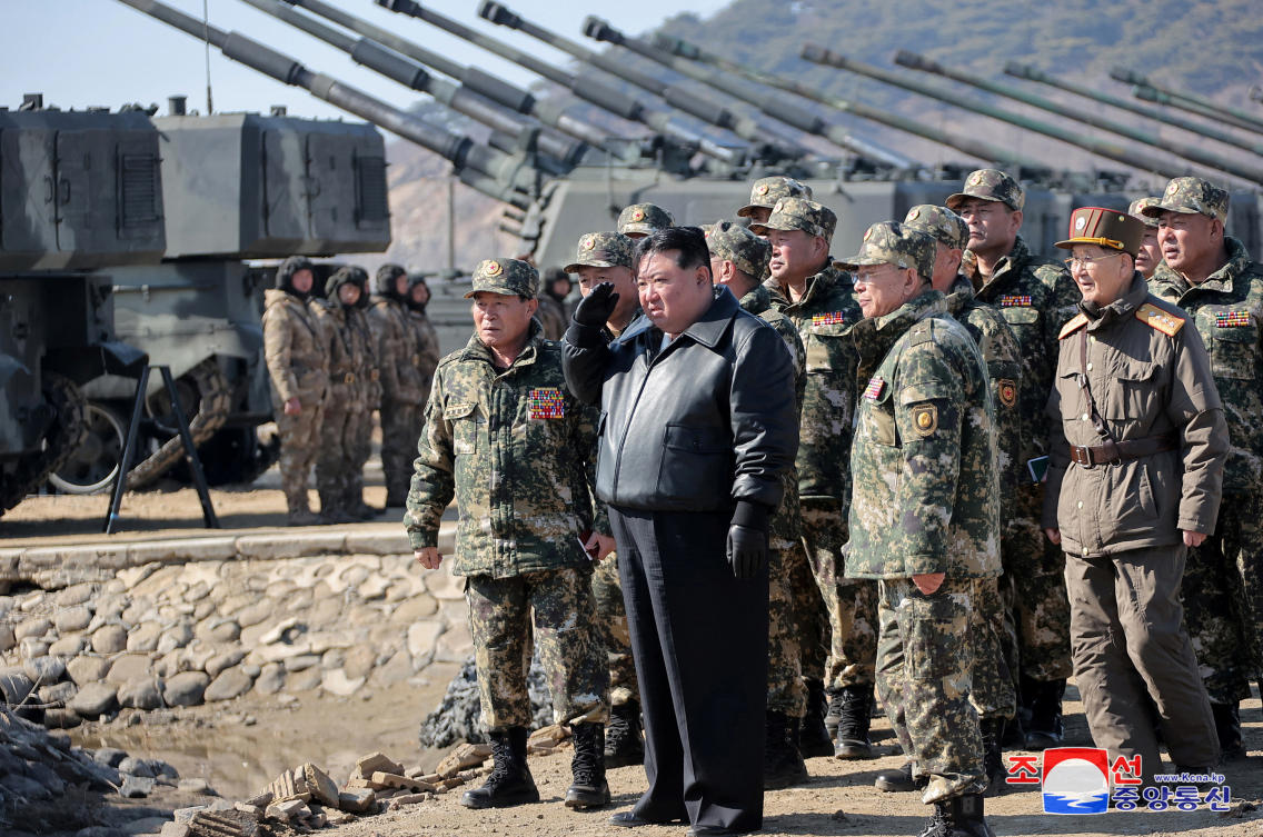 North Korean leader Kim Jong Un guides an artillery firing drill by the Korean People’s Army on March 7, 2024. (KCNA via Reuters)