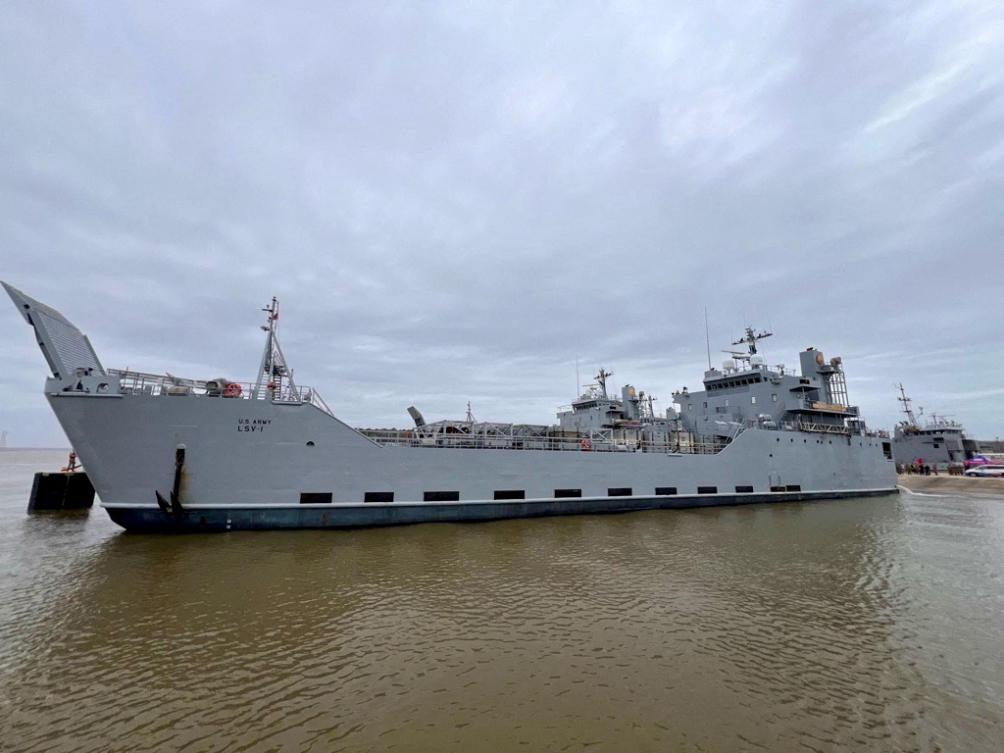 Above, the logistics support vessel General Frank S. Besson departs for the eastern Mediterranean after President Joe Biden said the US would provide humanitarian assistance to Gaza by sea. (Reuters)