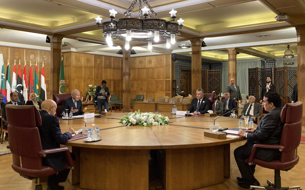 Arab League Secretary-General Ahmed Aboul Gheit at the league’s headquarters in Cairo on Sunday hosted Mohammed Menfi, president of Libya’s Presidential Council; Aguila Saleh, speaker of the house of representatives. (Supplied)