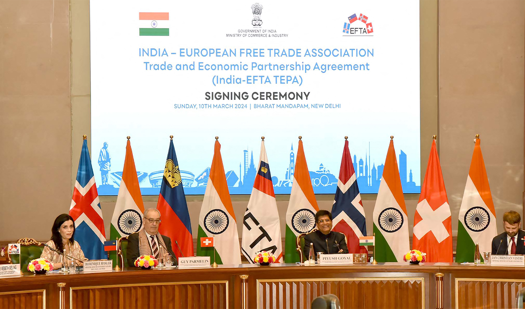 This handout photograph taken and released by the Indian Press Information Bureau (PIB) on March 10, 2024 shows Piyush Goyal (2R), India's Minister of Commerce and Industry, Consumer Affairs, Textiles, Food and Public Distribution addressing diplomats at the signing ceremony of Trade and Economic Partnership Agreement (TEPA) between India and European Free Trade Association (EFTA) in New Delhi. (AFP/File)