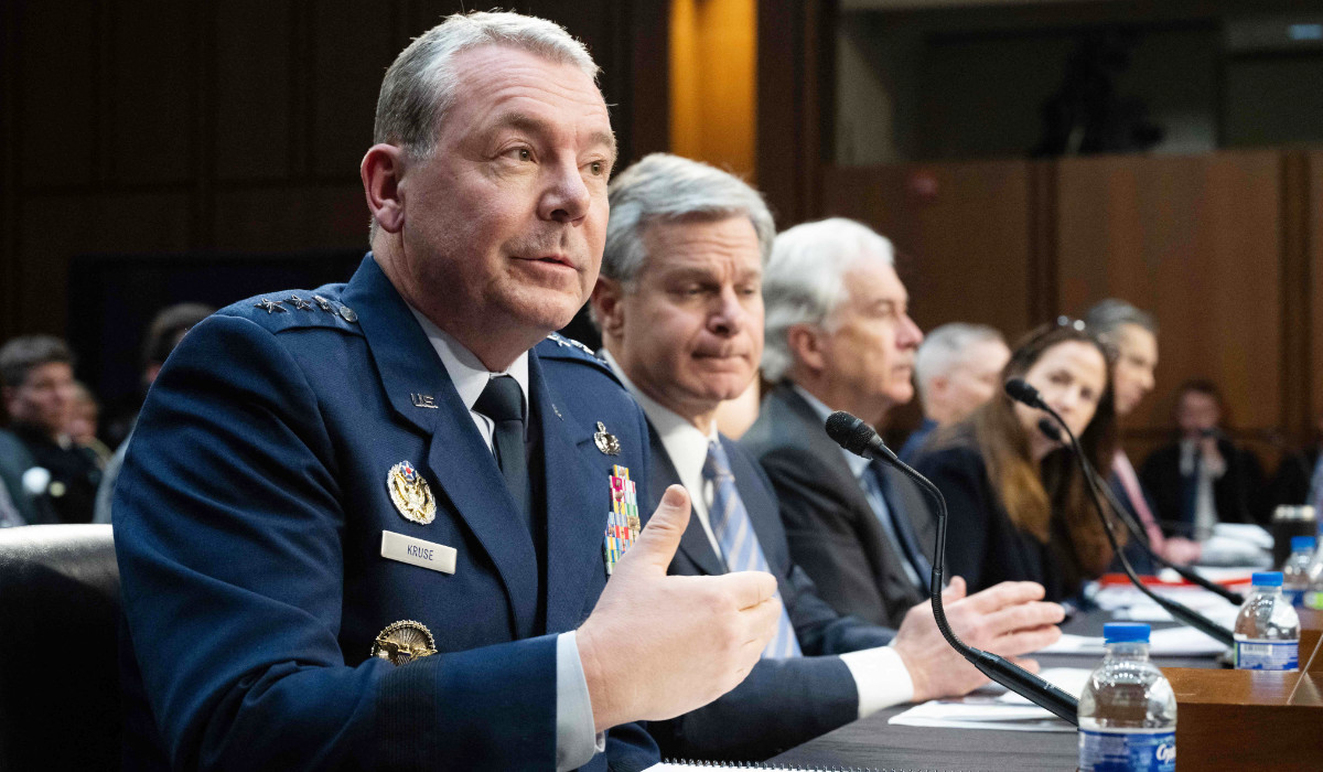 L to R) Director of the Defense Intelligence Agency Lieutenant General Jeffrey Kruse, FBI Director Christopher Wray, CIA Director William Burns, Director of National Intelligence Avril Haines, US Air Force Lieutenant General Timothy Haugh and Assistant Secretary of State for Intelligence and Research Brett Holmgren testify during a Senate Select Committee on Intelligence on the "Annual Worldwide Threats Assessment" in the Hart Senate Office Building on Capitol Hill in Washington, DC, March 11, 2024. (AFP)