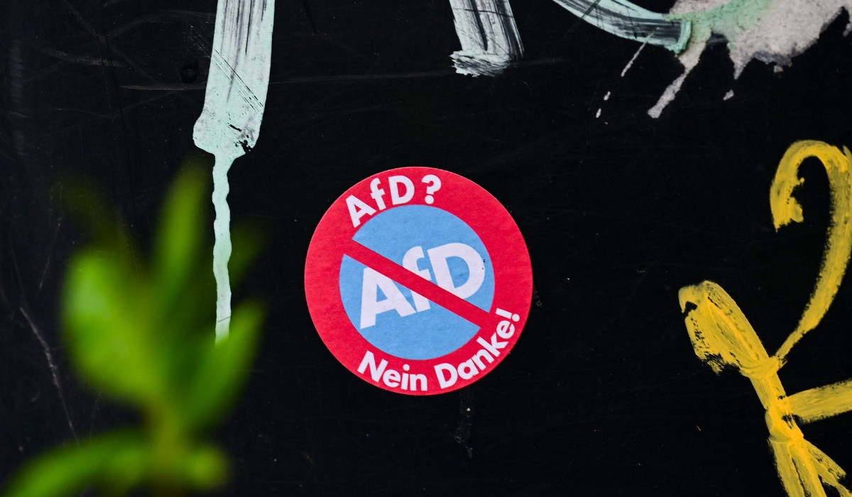 A sticker with the lettering 'AfD (Alternative for Germany party) ? - No thanks!' is seen party on a garbage can in Dortmund, western Germany on March 11, 2024. (AFP)