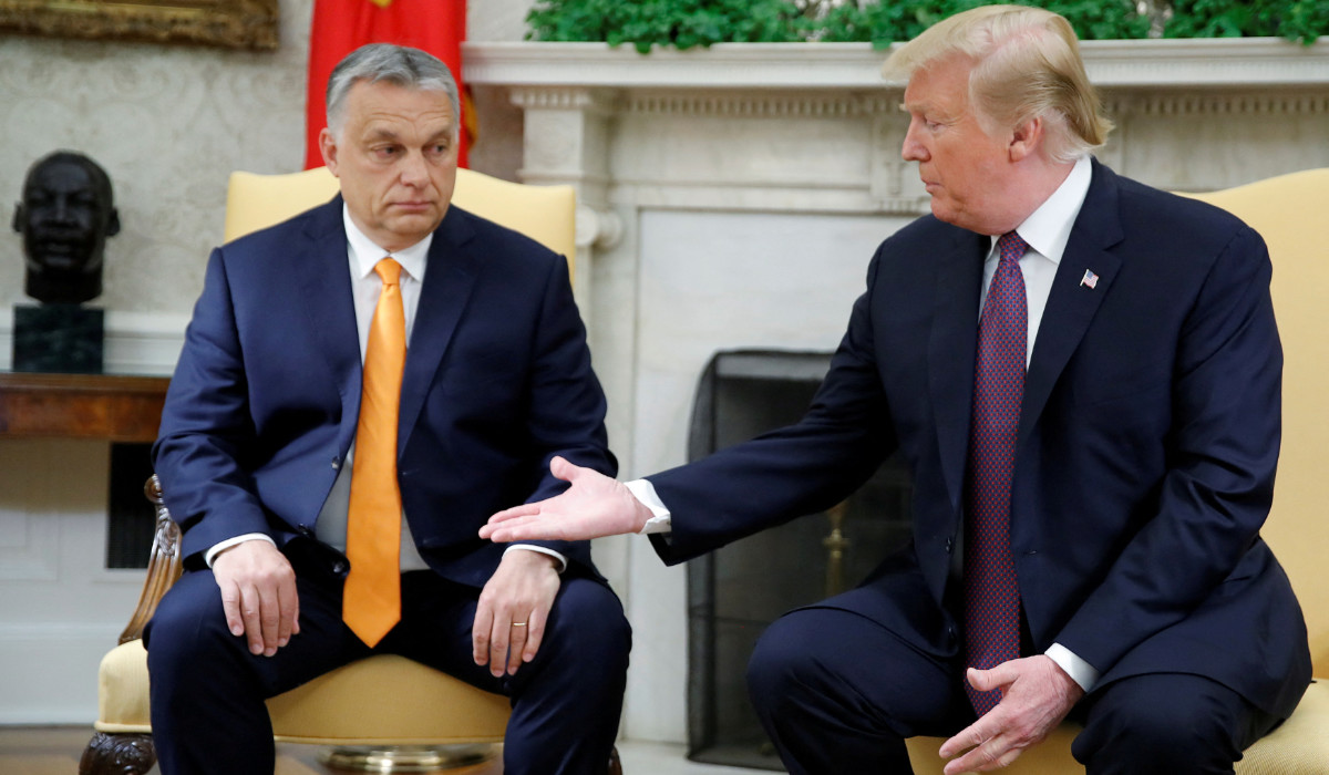 Former US President Donald Trump greets Hungary's Prime Minister Viktor Orban in the Oval Office at the White House in Washington, US, May 13, 2019. (REUTERS)