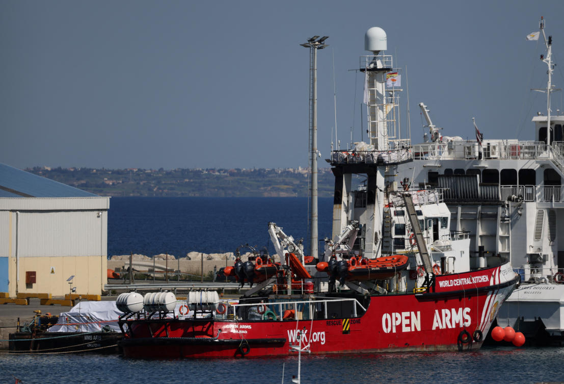 Humanitarian aid for Gaza is loaded on a platform next to a rescue vessel of the Spanish NGO Open Arms at the port of Larnaca, Cypru. (Reuters)