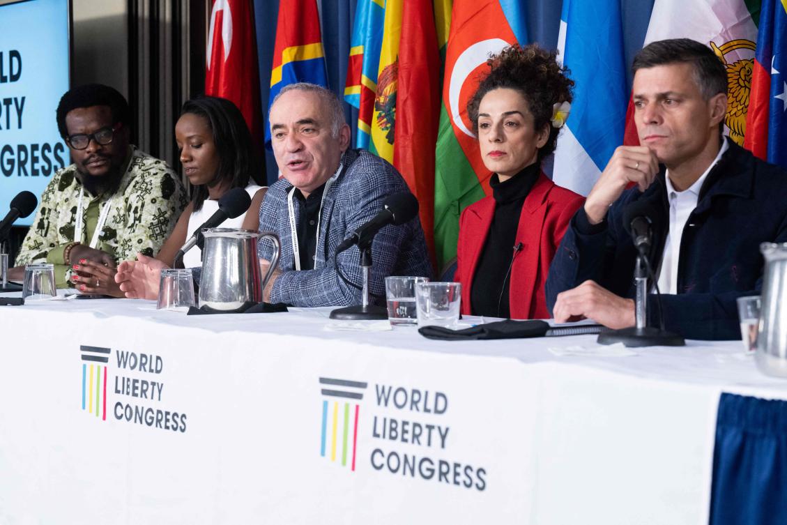 Congolese activist Carbone Beni, Rwandan activist Carine Kanimba, Garry Kasparov, Iranian activist Masih Alinejad, and Venezuelan opposition leader Leopoldo Lopez, Washington, Mar. 12, 2024. (AFP)