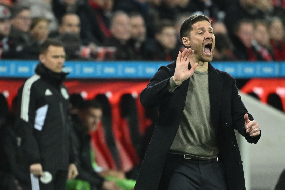 Bayer Leverkusen's Spanish head coach Xabi Alonso during the German first division Bundesliga match between Bayer 04 Leverkusen and VfL Wolfsburg in Leverkusen, western Germany on March 10, 2024. (AFP)
