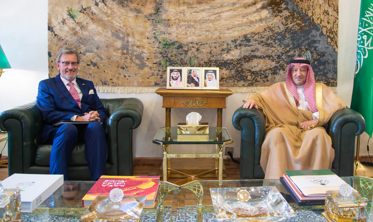 Saudi Deputy Minister of Foreign Affairs Waleed Elkhereiji talks with Belgian Ambassador to the Kingdom Pascal Hubert Gregoire. (X: KSAMOFA)