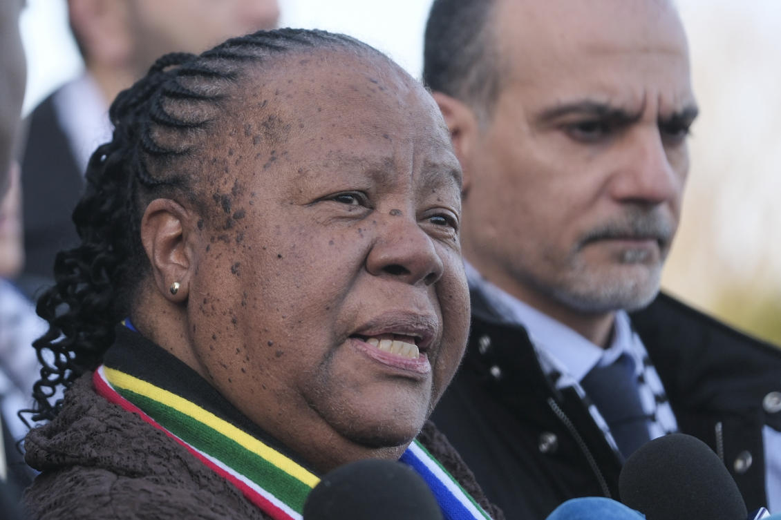 South Africa's Foreign Minister Naledi Pandor addresses reporters after session of the International Court of Justice, or World Court, in The Hague, Netherlands, Friday, Jan. 26, 2024. (File/AP)
