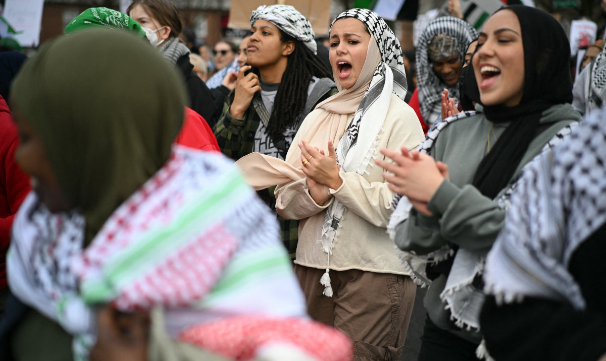 Protesters take part in the “March for Gaza” in Washington, DC, on March 2, 2024. (AFP)
