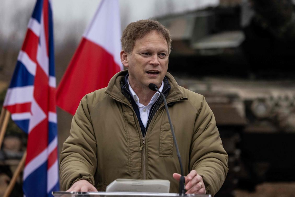 Britain’s Secretary of Defense Grant Shapps speaks during a join press conference with Polish Defense Minister after their meeting on a military training compound next to Orzysz, North-Eastern Poland, on Mar. 13, 2024. (AFP)