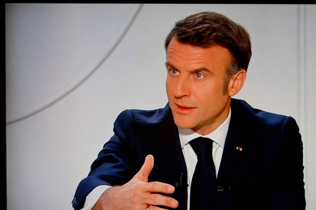 President Emmanuel Macron addressing a live interview on French TV channels TF1 and France 2 at the Elysee Presidential Palace in Paris on March 14, 2024. (AFP)
