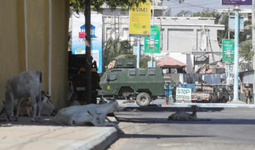 Somali security officers take position near Syl Hotel, the scene of an Al-Qaeda-linked Al-Shabab group’s attack, in Mogadishu on Mar. 15, 2024. (Reuters)