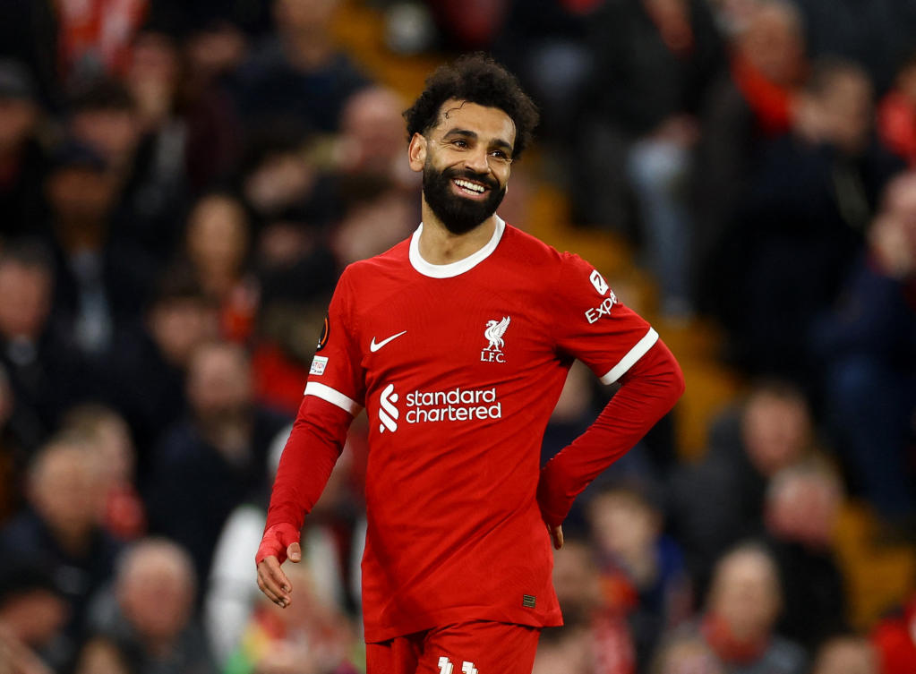 Liverpool’s Mohamed Salah reacts during their Europa League — Round of 16 — Second Leg — match against Sparta Prague at Anfield, Liverpool, on Mar. 14, 2024. (Reuters)