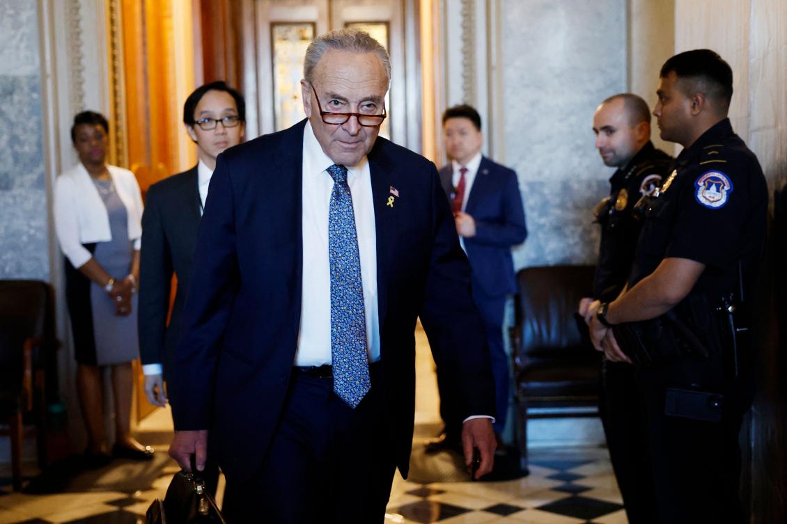 Senate Majority Leader Chuck Schumer departs from the Senate Chambers in the US Capitol Building on Mar. 14, 2024 in Washington. (AFP)