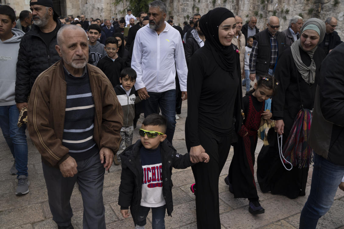 Muslim worshippers make their way to the Al-Aqsa Mosque compound, to participate in Friday prayers, during the Muslim holy month of Ramadan in Jerusalem’s Old City on Mar. 15, 2024. (AP)