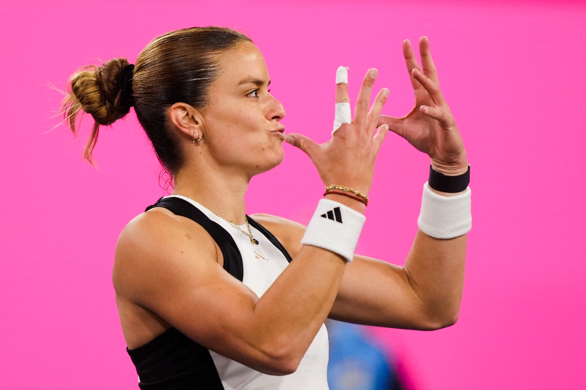 Maria Sakkari, of Greece, celebrates after winning her match against Coco Gauff, of the US, at the BNP Paribas Open tennis tournament in Indian Wells, Calif., Friday. (AP)