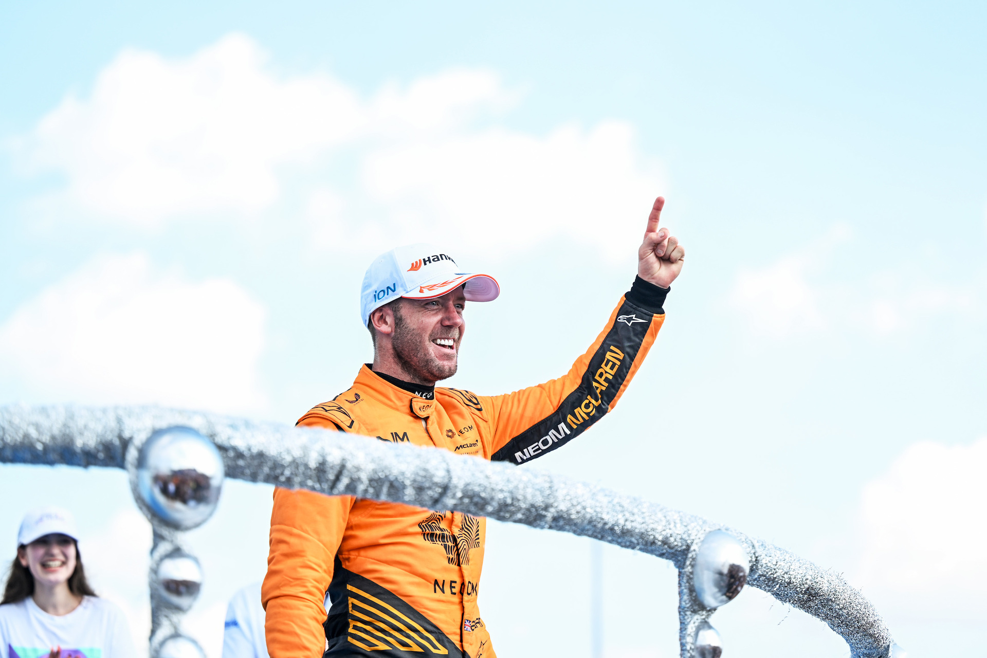 Sam Bird of NEOM McLaren Formula E Team, celebrates on the podium after winning the Sao Paulo E-Prix (Simon Galloway / LAT Images)
