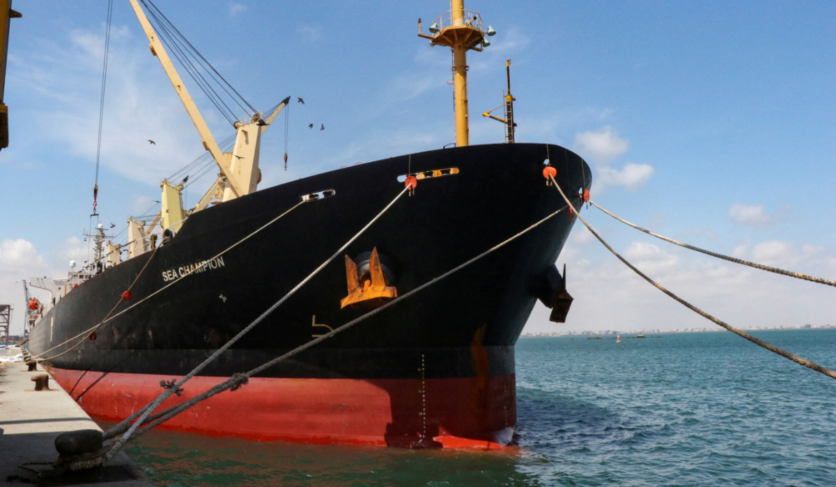 Greek-flagged bulk cargo vessel Sea Champion is docked to the port of Aden, Yemen to which it arrived after being attacked in the Red Sea in what appears to have been a mistaken missile strike by Houthi militia, February 21, 2024. (REUTERS)