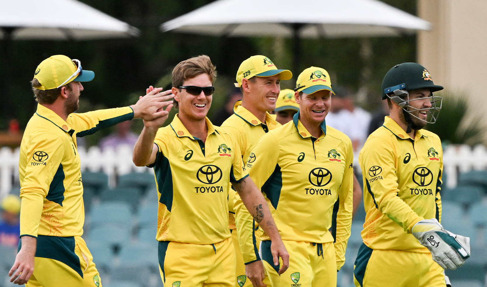 Australia’s Adam Zampa (C) celebrates the wicket of West Indies’ batsman Alick Athanaze with teammates during the third one-day international (ODI) cricket match between Australia and West Indies at Manuka Oval in Canberra on February 6, 2024. (AFP/File)
